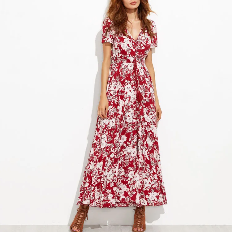 2018 New Fashion Rayon Floral Print Ladies Sexy Summer long Maxi Dress