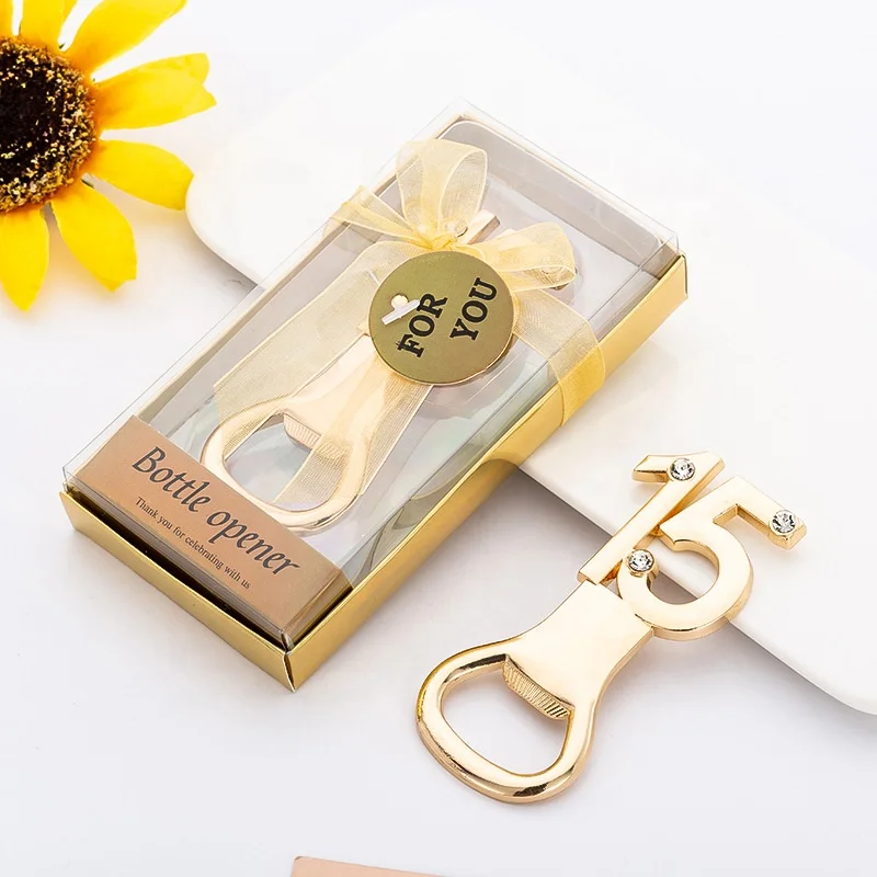 VJ Metal gold jewelry wedding number 15 years party beer bottle opener with souvenir gift box