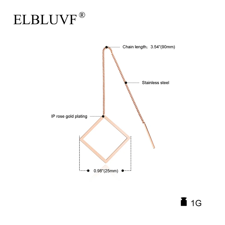 
ELBLUVF Free Shipping Stainless Steel Jewelry Rose Gold Plated Hollow Square Shape Tassel Big Earrings 