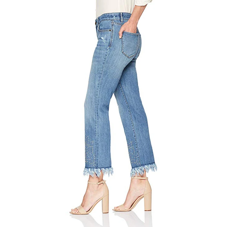 Popular Skinny Jeans Women Boot Cut Raw Edge Ripped Tassel Hem Style High Waist Jeans Women Casual Women Flare Jeans Pants Style