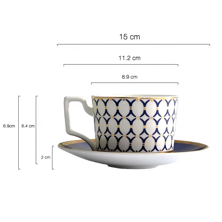 Luxury ceramic gold mug saucer european pattern blue fine bone china coffee cup and saucer set