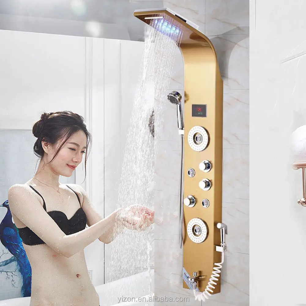 Золотая душевая панель из нержавеющей стали, душевая лейка «Водопад», смеситель, ручной распылитель