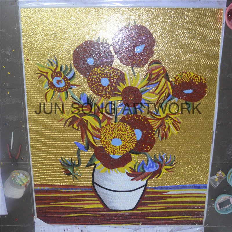 JS MFL-VF01-C Flower Pattern Mosaic Picture Gold Mosaic Tile Sunflower Wall Mural