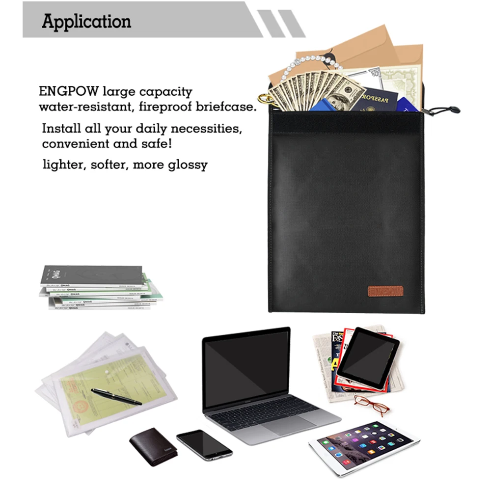 Fireproof bag fiberglass, fire resistant document bag Black