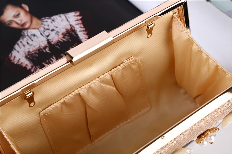Factory direct wholesale pretty floriation shining fabric wedding party prom champagne ladies clutch bag with good quality