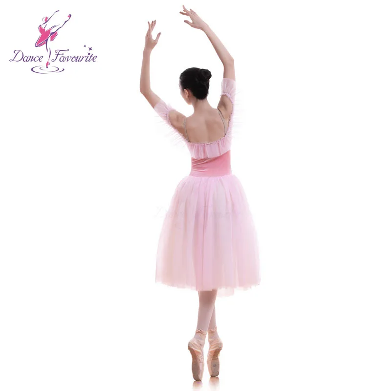 Pink romantic long ballet dance tutu velvet leotard bodice with long soft tulle tutu skirt 18582