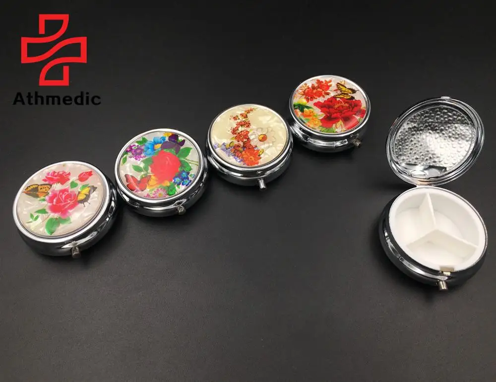 
2021 Athmedic food grade 3 case round circle mirror jewelry promotional mirror decorate metal pill case box 