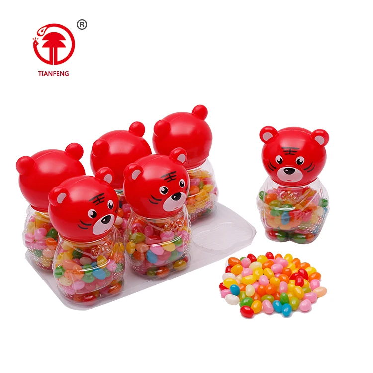 Promotional china candies jelly beans tiger shaped candy and jelly sweet gummy jelly beans bottle packing