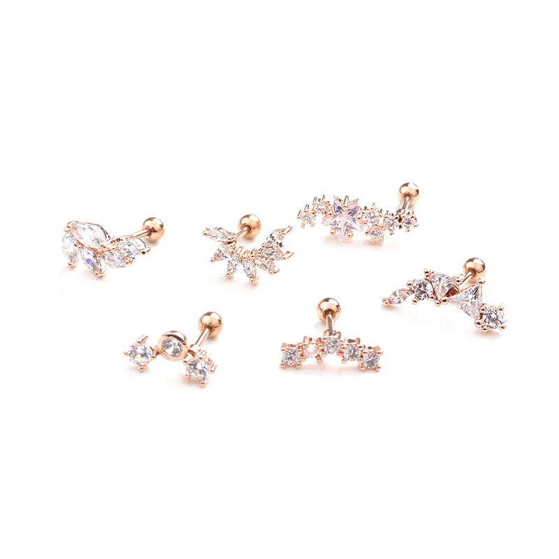 Rose Gold Plated 20g Stainless Steel Piercing Jewelry Curved Cz Cartilage Earring  Helix Rook Conch Screw Back Ball Earring