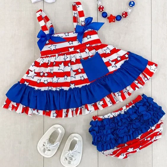 Hot Kids Clothes Girls boutique clothing summer 4th of July Wear Stars and Stripes Ruffle Swing Top Bloomer shorts Set
