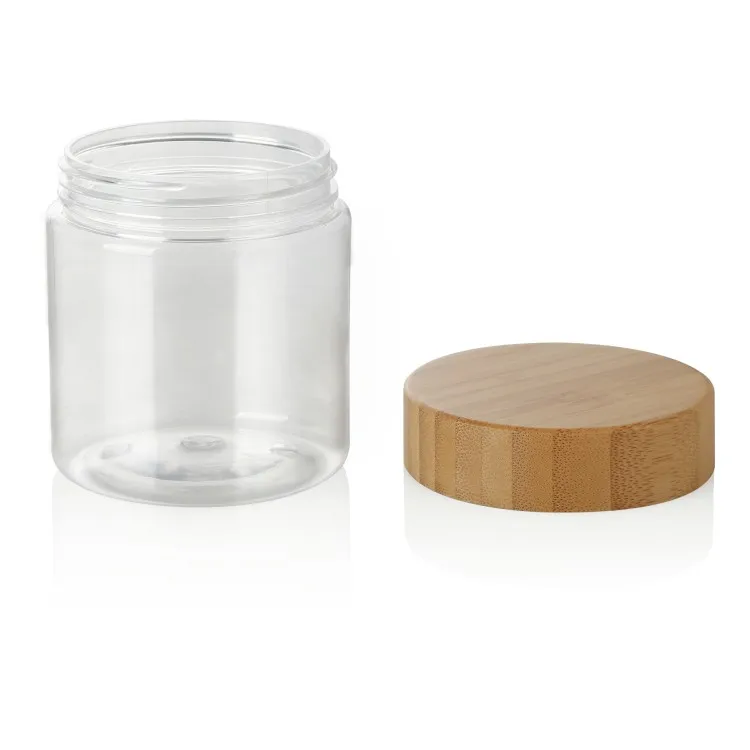 Big capacity bamboo jar 500ml pet jar with bamboo lid 500g cream jar plastic