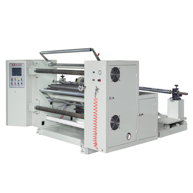 Easy operate plastic film slitting and rewinding machine
