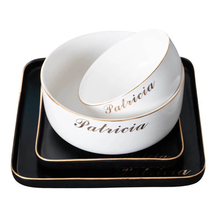 Wholesale tableware custom logo gold rim black ceramic dinnerware set for restaurant