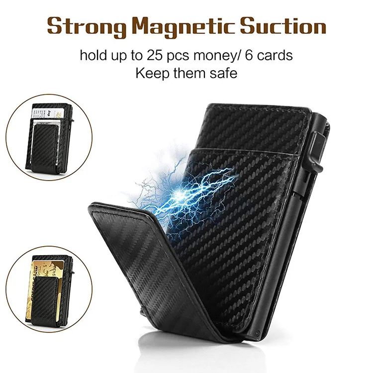High-end large capacity carbon fiber pattern hand-crafted front card holder magnetic clip leather wallet