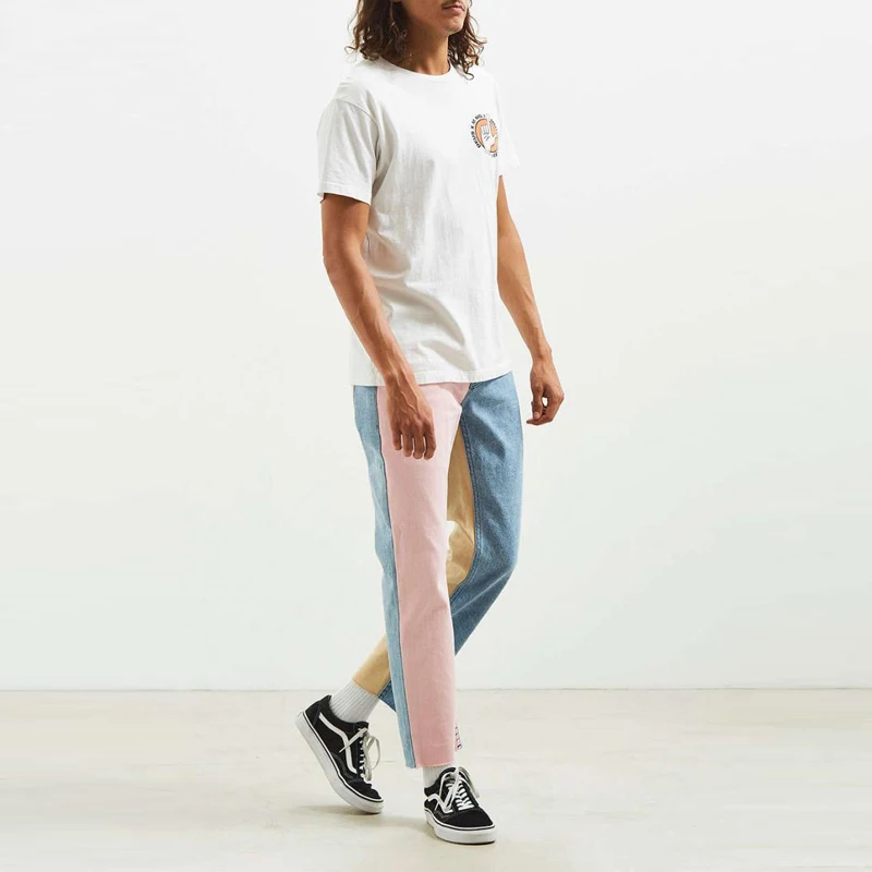 Джинсы мужские Стрейчевые двухцветные, Модные зауженные рваные джинсы в стиле пэчворк