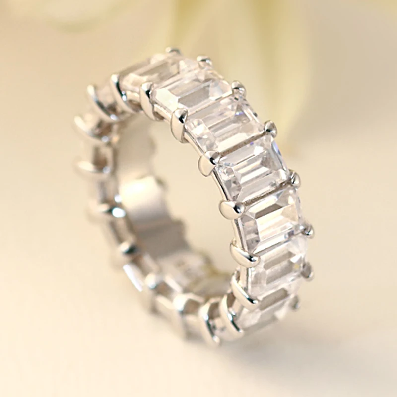 Sterling silver wedding rings big zircons Emerald Cut eternity band ring