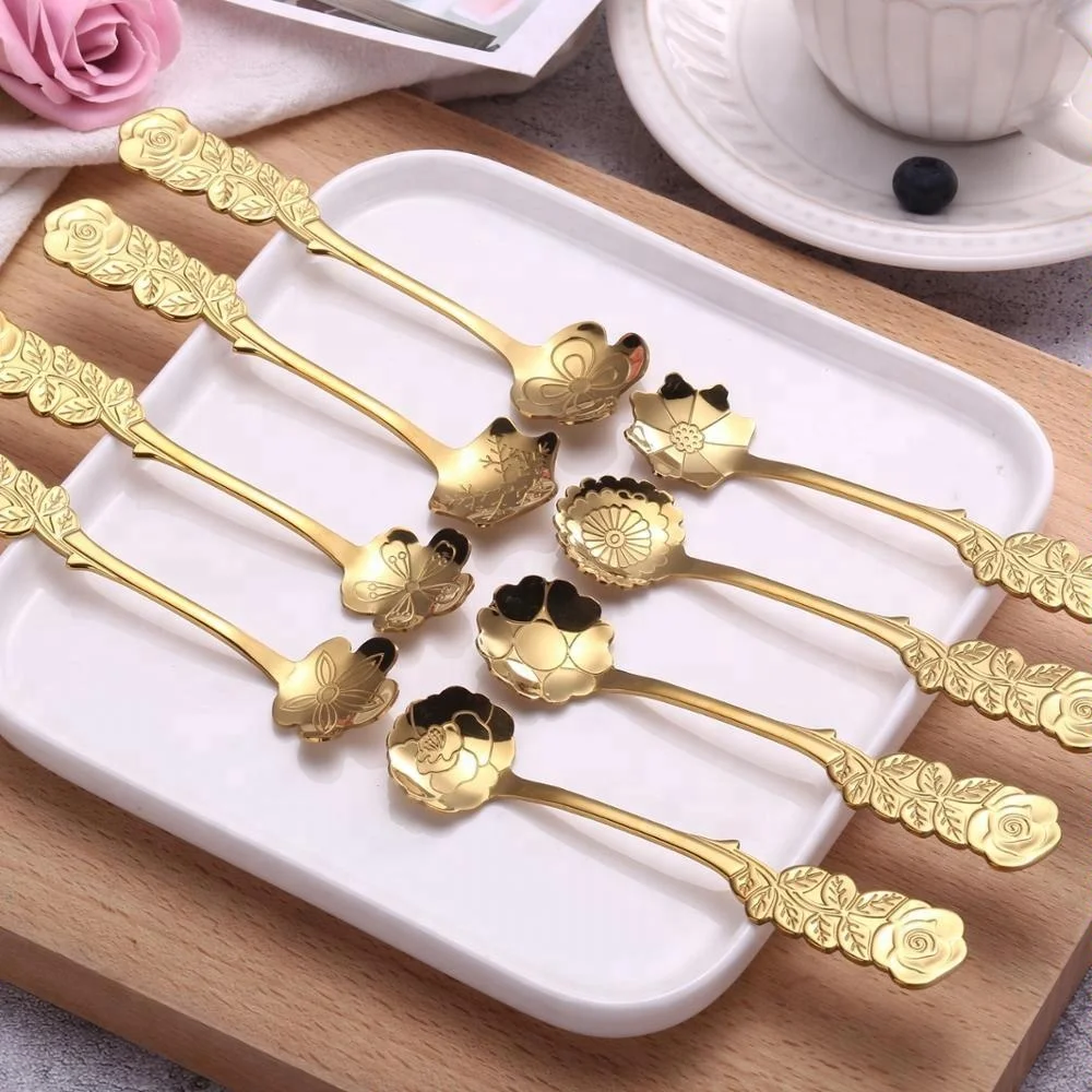 Long Handle Flowers Shaped Stirring Spoon Stainless Steel Gold Plated Coffee Spoon with Flower Shape