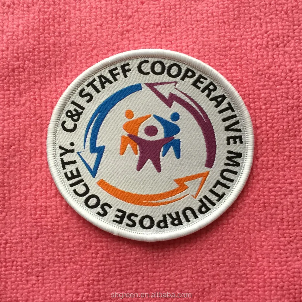 Brand logo fabric woven badge,round logo design garment woven patch with overlocked border
