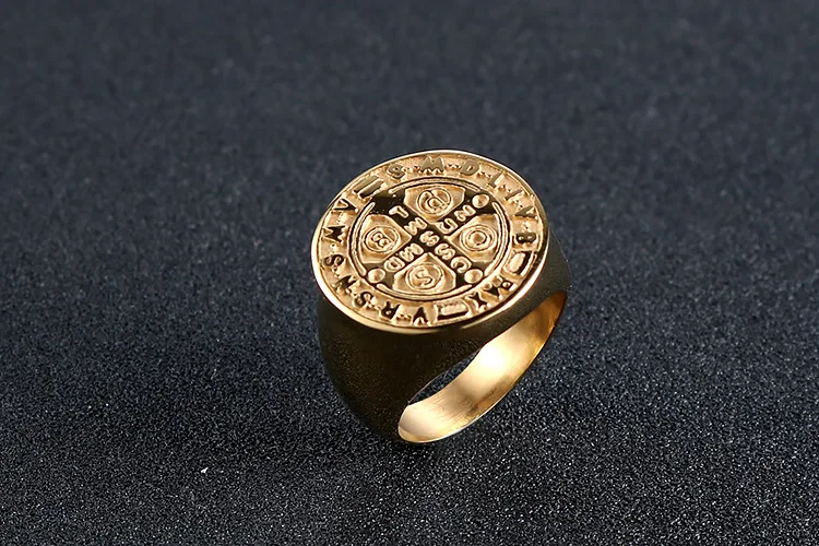 Custom 14K Gold Plated Catholic St Benedict Exorcism Signet Ring