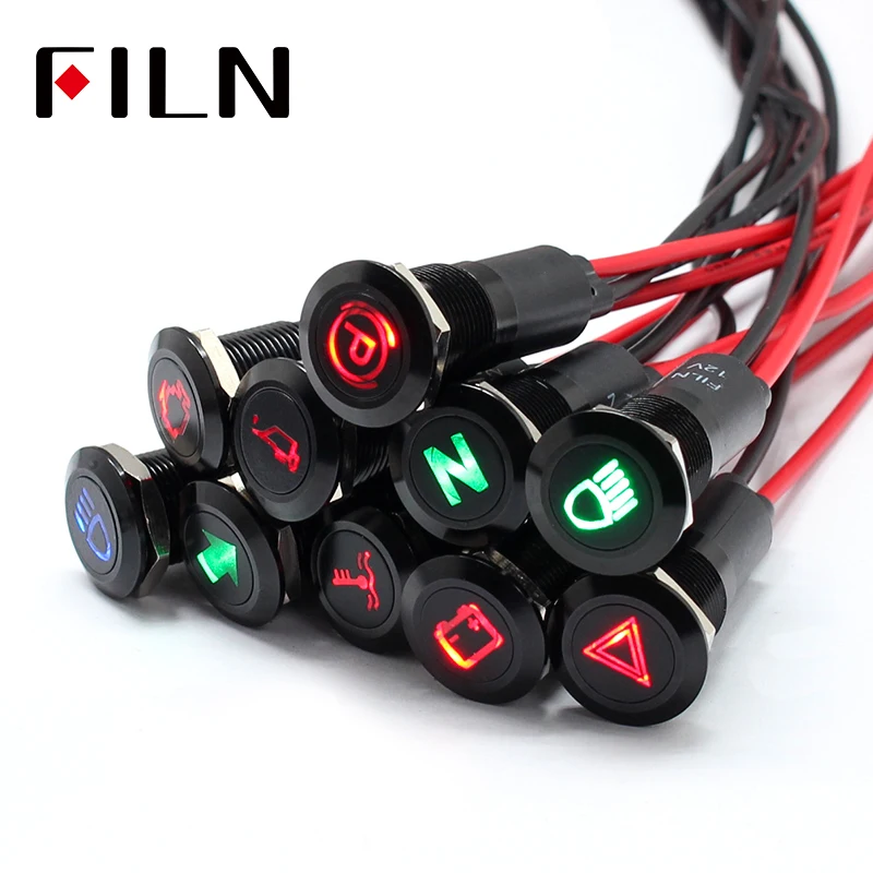 FILN 12V LED Car Boat LED Warning Dashboard Signal Lights Instrument Pilot light 12mm Waterproof Lamp Black Chrome finished
