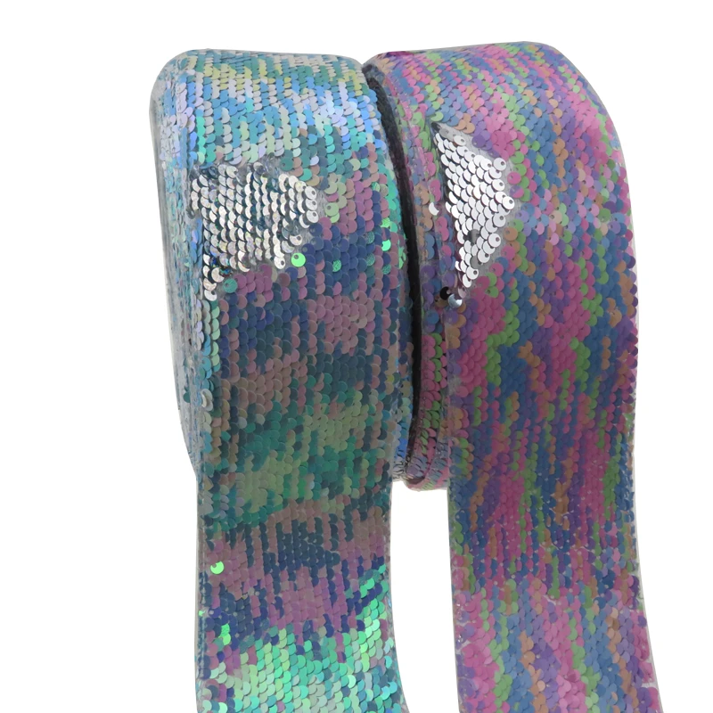 3'75mm Double Color Shiny Blingbling  Reversible Sequin Fabric Ribbon for Dress Bows Decoration Accept Customized Order