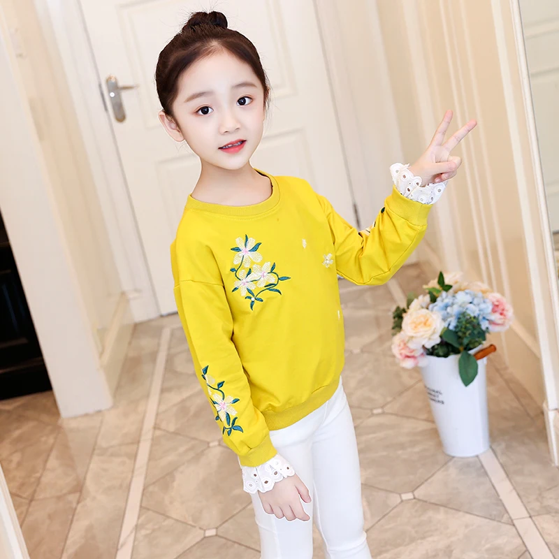 
Children clothing cotton fabric embroidered pearl lace ruffles pullover hoodie 