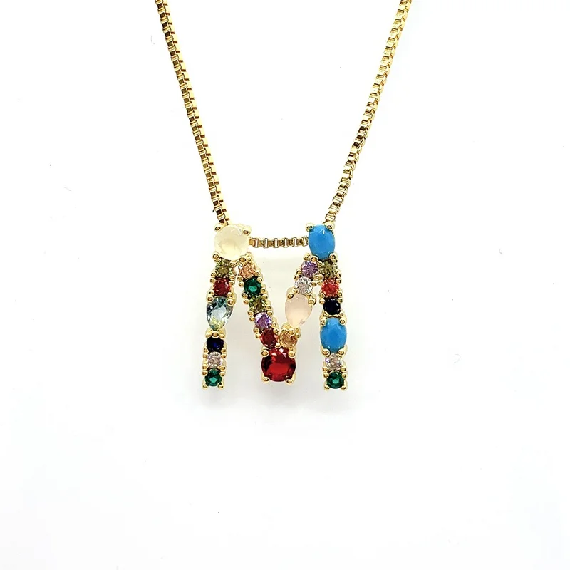 
Brass Gold Plated Jewelry A M 26 Rainbow Color Zircon Stone Initial Letter Necklace Carta Joyas Collar 