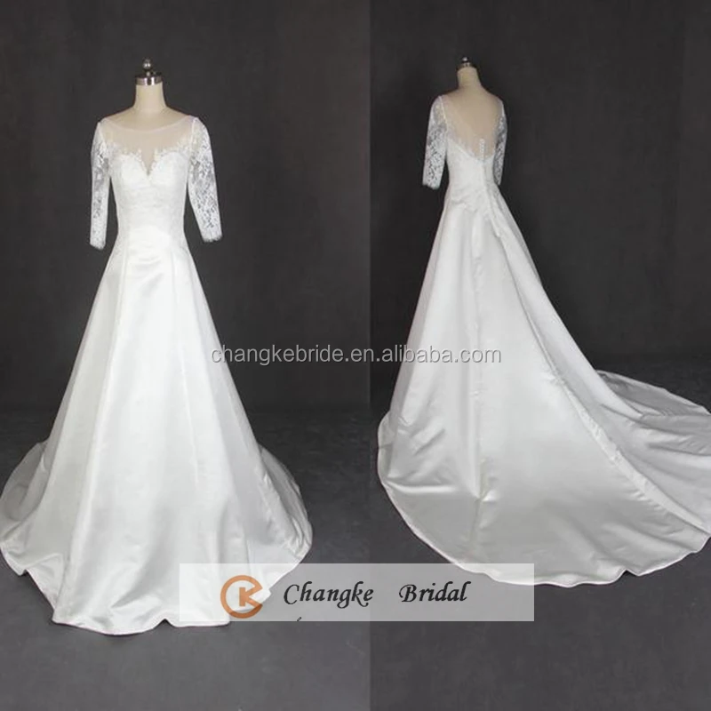 
New Arrival Bridal Gown Sheer Lace Applique Ivory A Line Satin Long Tail Wedding Dresses Under 100 