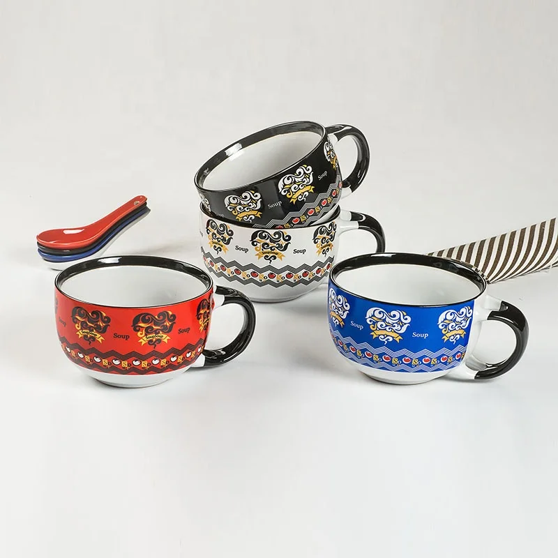 Hot sale ceramic soup bowl with spoon set of four