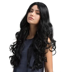 BVR Heat Resistant Black Long Curly Wave Perruques Naturelles Synthetic Fiber Wig
