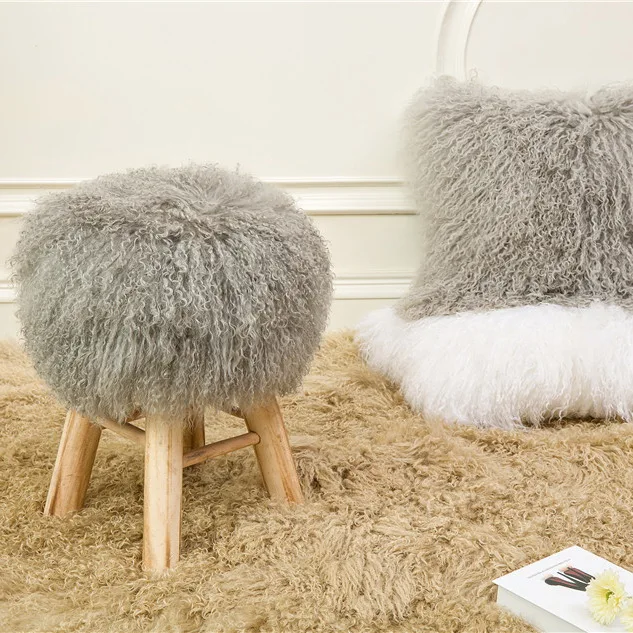 Grey Color Best Seller Custom Square Pouf Genuine Mongolian Lamb Skin Covers