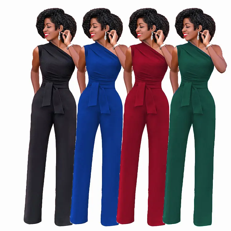 
New MM5485 Black Tie Waist Sleeveless One Shoulder Pants Casual Trousers Ladies Vintage Long Jumpsuit 
