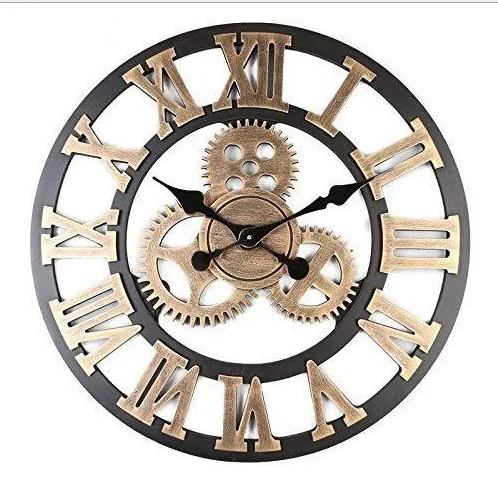 Amazon hot style european-style 3D retro old gear wall clock creative  iron silent wooden wall clock