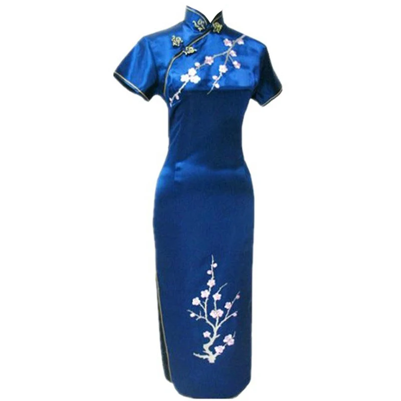 
fashion mandarin collar plum embroidered high side slit cheongsam picture with blue color 