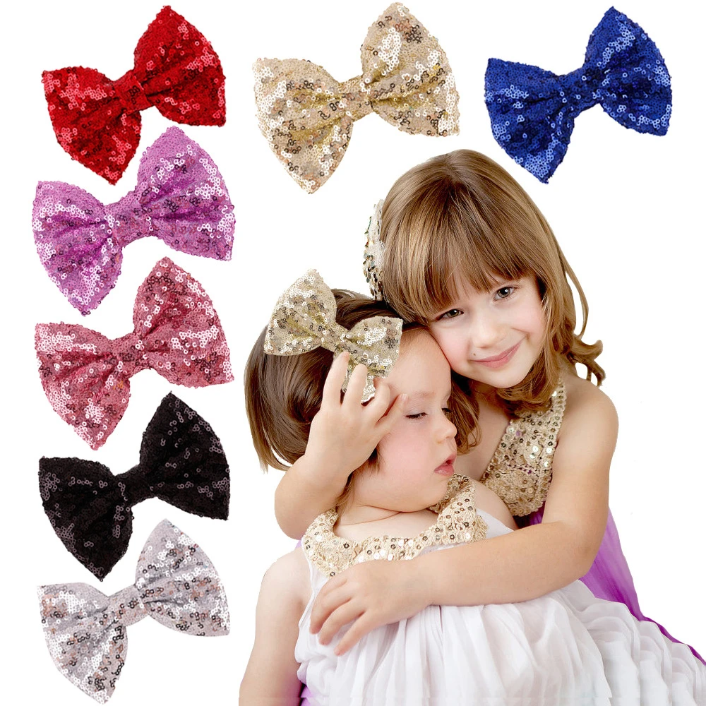 Kids Baby Girls Boutique Children Girl Party Hair Accessories Blingbling Sequins Hair Glips Gold Bow Sequin Hair Clip