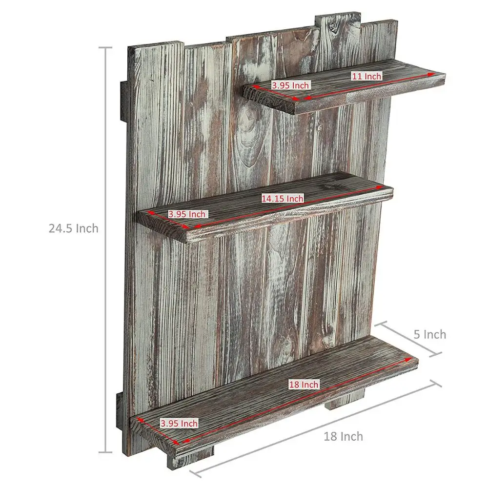 Rustic Torched Wood Pallet-Style Wall Mounted 3-Tier Decorative Display Shelf