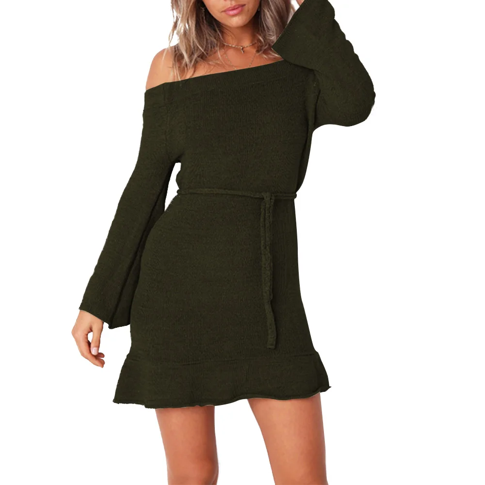 Winter Bodycon Wool One Piece Dress Women/Off The Shoulder Sweater Crochet Dress For Evening Party
