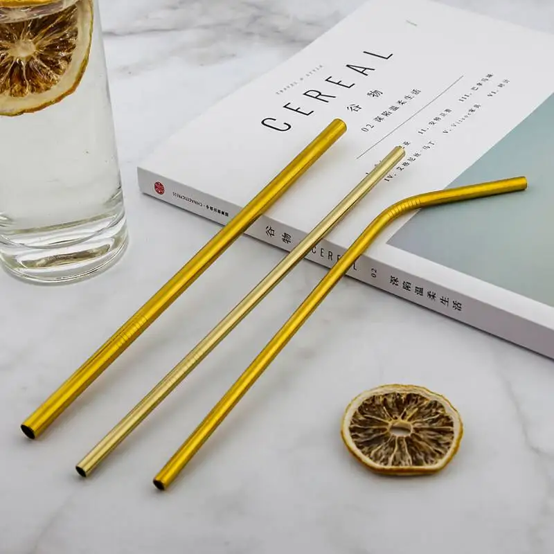 Eco-Friendly Reusable Color Change Food Grade Stainless Steel Metal bent staight Long Drinking Straws set With Cleaning Brushes