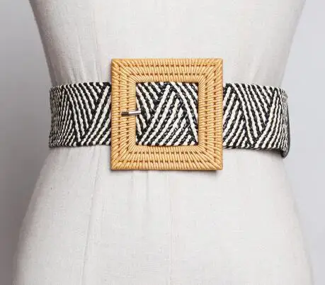 
New fashion elastic straw braided women raffia belts with imitate rattan wood buckle 