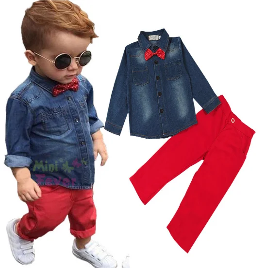 boys bow tie denim shirt and long red pants 2 pcs suit