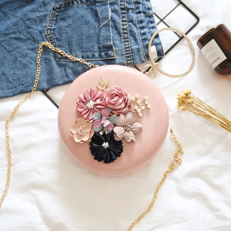 Flower Embroidery Handmade Beaded Chain Oblate Shape Women Cosmetic Handbag Round Rhinestone Clutch Bag Lady Evening Bag