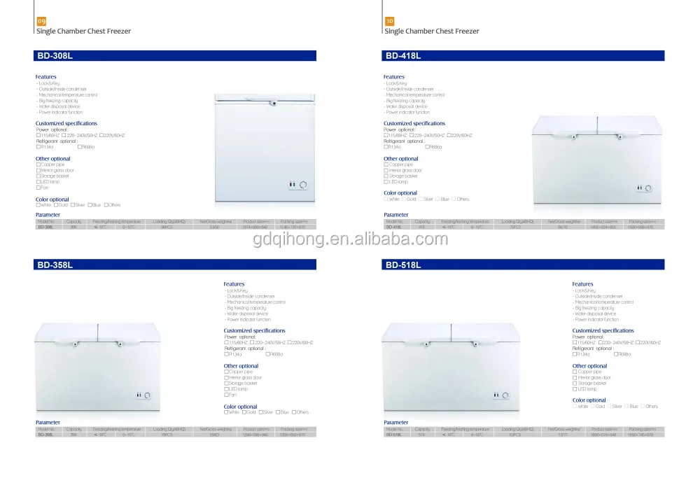 
BD-518L manufacturers of double solid door low noise deep fridge refrigerator chest frozen freezer 