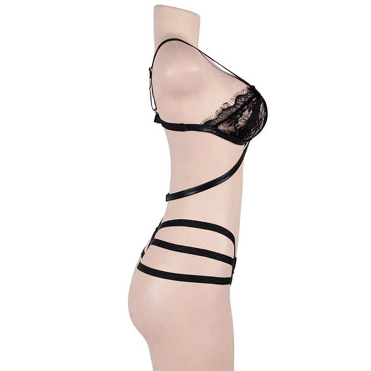 Private Label Sexy Women Leather Lace Erotic Lingerie Bra and Panty Sets