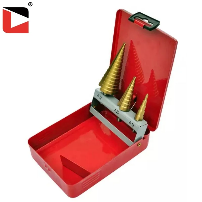 3 шт. ступенчатое сверло с титановым покрытием из быстрорежущей стали с железной коробкой