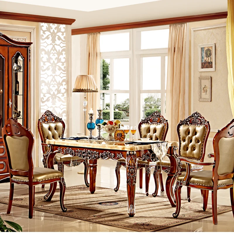American antique brown color marble dining table and chairs set