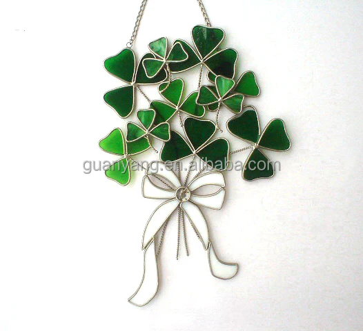 Metal Frame Irish Shamrock Suncatcher Wall Art Hanging Wholesale Custom Stained Glass Home Decoration Folk Art Craft Customized