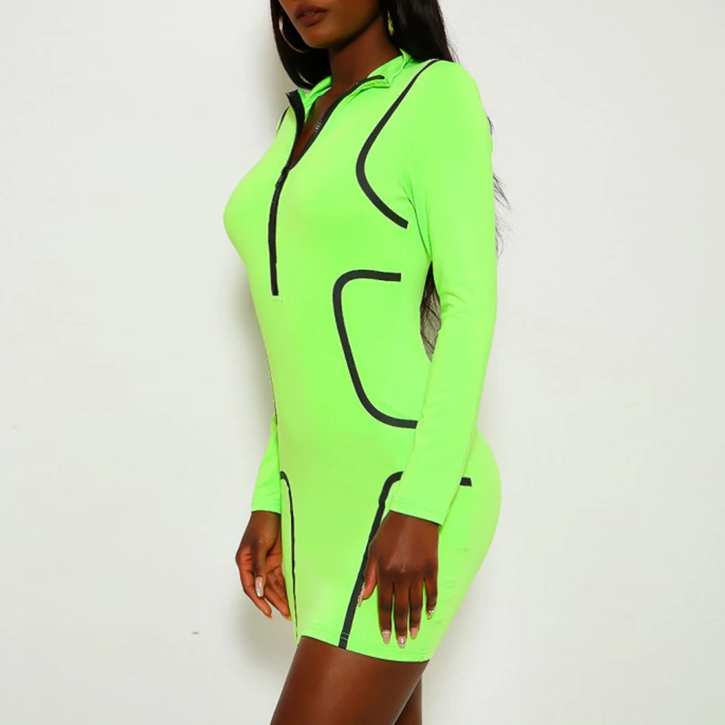 Neon lime green long sleeve wrap mini sport dress party women fall dresses