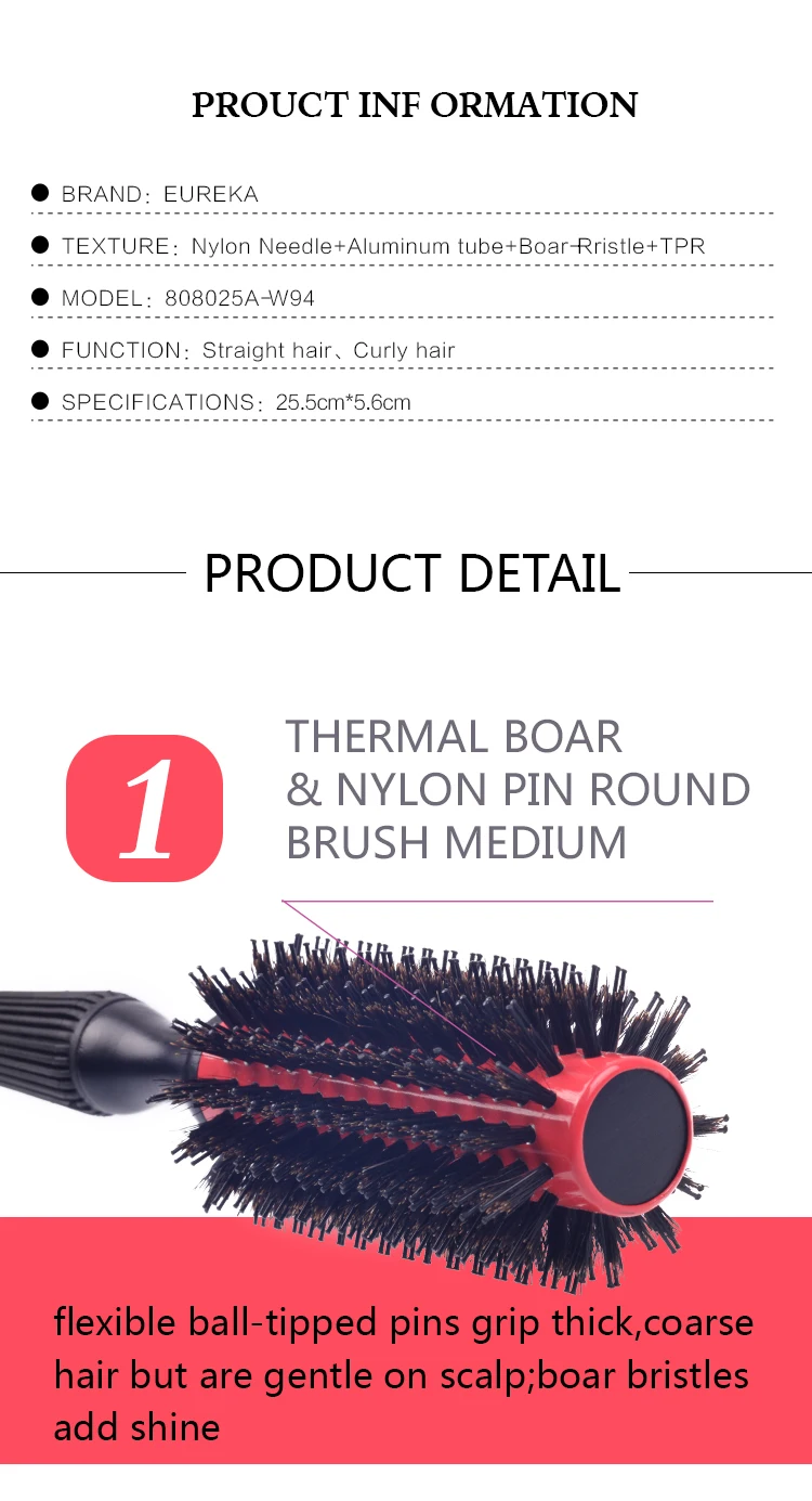 EUREKA Professional Aluminum Tube Boar Bristle  With Nylon Pins Round Hair Brush Wooden Round  Hair Brush
