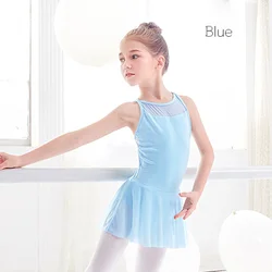 Straps Mesh Girls Ballet Leotard Dress With Skirt