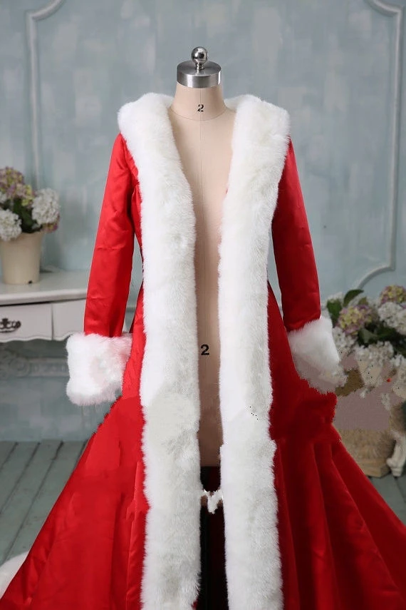 NW1162 Red Embroidery Wedding Cape Cloak Long Sleeve Furs Winter Bridal Coat